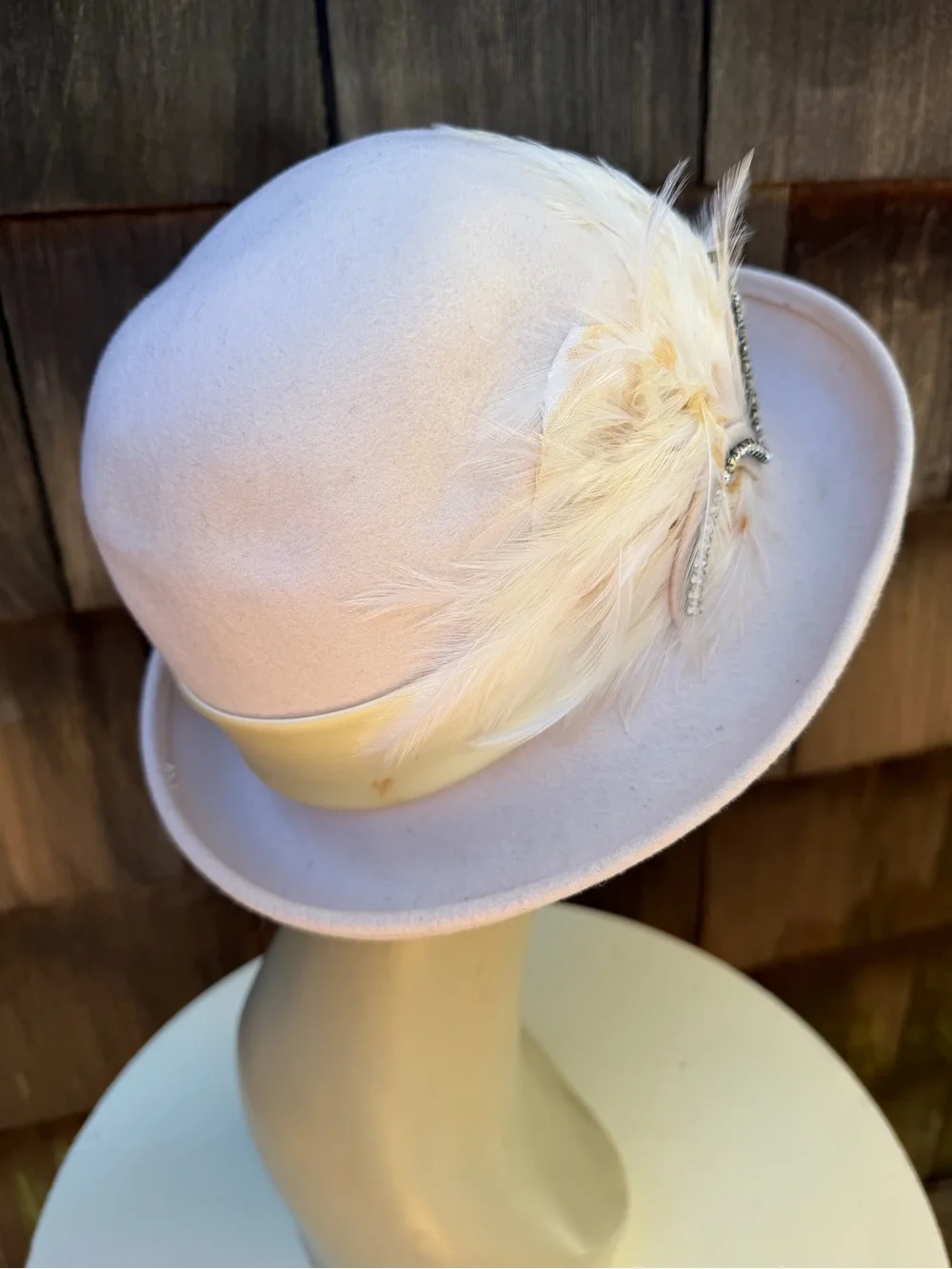Vintage Mr Charles wool bowler brim hat cream color feathers rhinestones Sz 21”